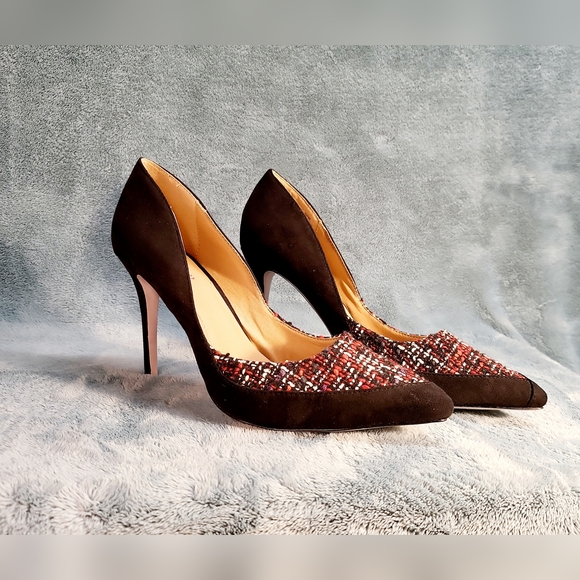 👠🖤🔥NEW Just Fab Suede Woven Black Red & White High Heels Sz 9 - Picture 5 of 14